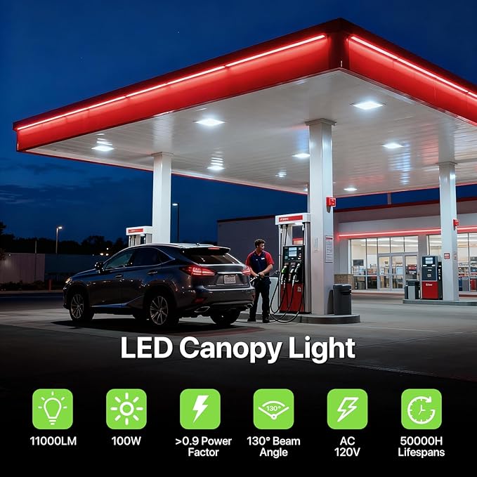 Glitgate LED Canopy Lights 4Pack - 100W/80W/60W 3-Wattage Adjustable 5000/4000K/3000K 3-CCT Selectable Commercial Outdoor Canopy Light IP65 Waterproof Ceiling Light Fixture for Warehouse