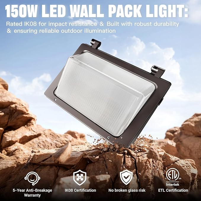 150W LED Wall Pack with Photocell Dusk to Dawn 5000K Waterproof Commercial Outdoor Light Fixture 22500lm 120-277V EquivalentEnergy Save Flood Lights for BuildingYardWarehouseGarage-2pack