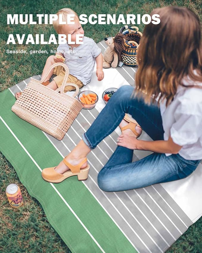 Beach Blanket Waterproof Sandproof Picnic Blanket 83x79 Foldable Beach Mat with Stripe Gradient Simple Fruit Green Gray Pattern for Camping Park Grass Beach Travel