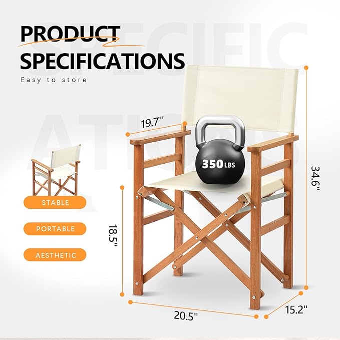 VINGLI Widen Folding Director Chair Set of 2 with Sturdy Wooden Frame &amp Beige Canvas Portable Durable for Outdoor Patio Camping Use Off-White