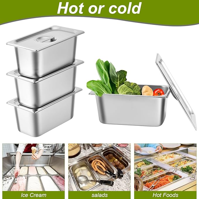 1/4 8 Pack Stainless Steam Hotel Pans with Lids 6 Deep 1.2 mm Thick Stainless Steel Jam Steam Pan Catering Storage Metal Food Pan for Restaurant Hotel Party