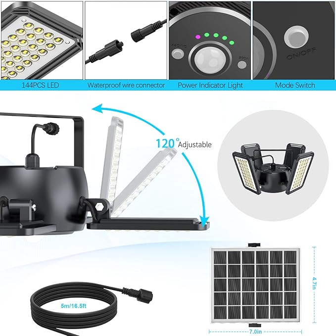 Solar Shed Light Outdoor Indoor Solar Powered Motion Sensor Pendant Light144LED 1200LM Daytime Work with 5 Modes &amp Remote Control 4 Heads IP65 Waterproof for Garage Barn Shop 2 Pack