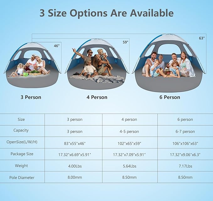 NXONE Beach Tent Sun Shelter with UPF 50+ UV Protection Lightweight Easy Setup Portable Beach Canopy for Family Large Space for Beach Camping &amp Outdoor 3/4/6 Person