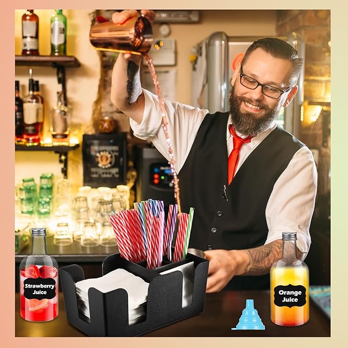 6 Sets 16 oz Plastic Long Neck Bottles with Pourers Caps Mats for Bartending Plastic Bar Caddy Organizer for Bar Supplies Liquor Juice Store Syrup Bottles Pourers
