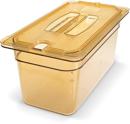 Carlisle FoodService Products Storplus High Heat Food Pan Steam Table Pan Chafing Pan with Spoonable Corners for Catering Buffets Restaurants High Heat Plastic 1/3 Size 6 Inches Deep Amber