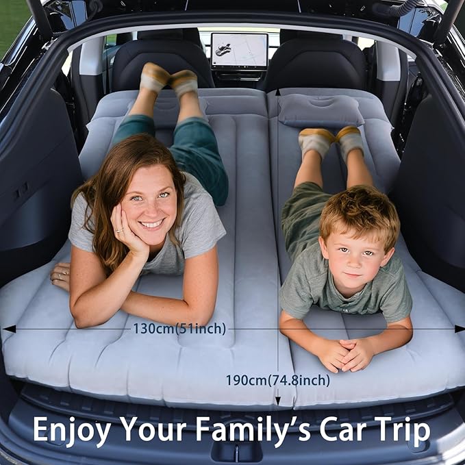 Car Air Mattress - Inflatable Camping Bed Compatible with Tesla Model Y Thickened Flocked AirBed for Trunk/Backseat/Sedan/SUV/RV Sleeping Pad with Pump and 2 Pillows for Camping Travel Outdoor Grey