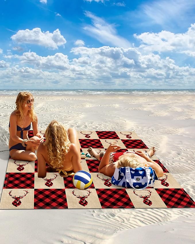 Beach Blanket Waterproof Sandproof Christmas Elk Antlers Red Lattice Quick Drying Beach Mat with 4 Stakes Black Buffalo Plaid Retro Linen Lightweight Picnic Blanket for Travel Camping 83x79