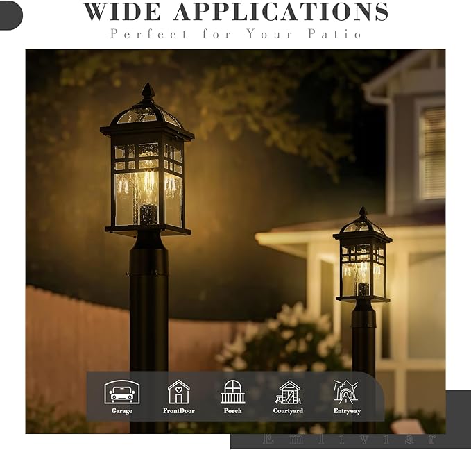 Emliviar 16 Inch Outdoor Lamp Post Light Fixture Modern Outdoor Pillar Light for Outside Waterproof Aluminum in Black Finish Seeded Glass DE281P BK