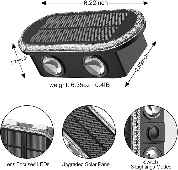 Solar Fence Lights Outdoor: Dual Focused LED Up Down Wall Lighting - IP65 Waterproof - 3000K/4000K/6000K 3 Modes 10-12H Lasting - Easy to Install for Porch Backyard 4 Pack