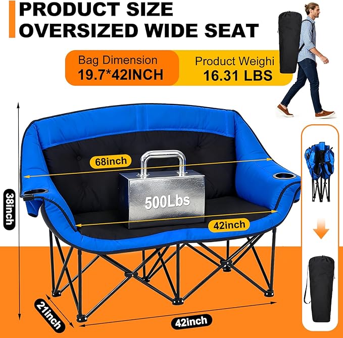 CypherX Heated Double Camping Chair with 3 Heat Levels- Heated Loveseat Chair for 2 Person Heavy Duty Oversized Padded Folding Camping Couch for Adults Outdoor Sports Lawn Portable Chairs (No battery)