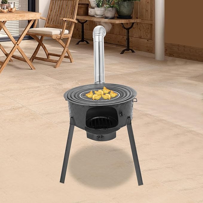 Multifunction Wood Burning Stove With Grill Rack Camping Wood Stove Large Charcoal Grill With Grill Rack For Outdoor/Backyard Cooking Picnic And Barbecue. (Gray-21in+ 4 Wok Rings)