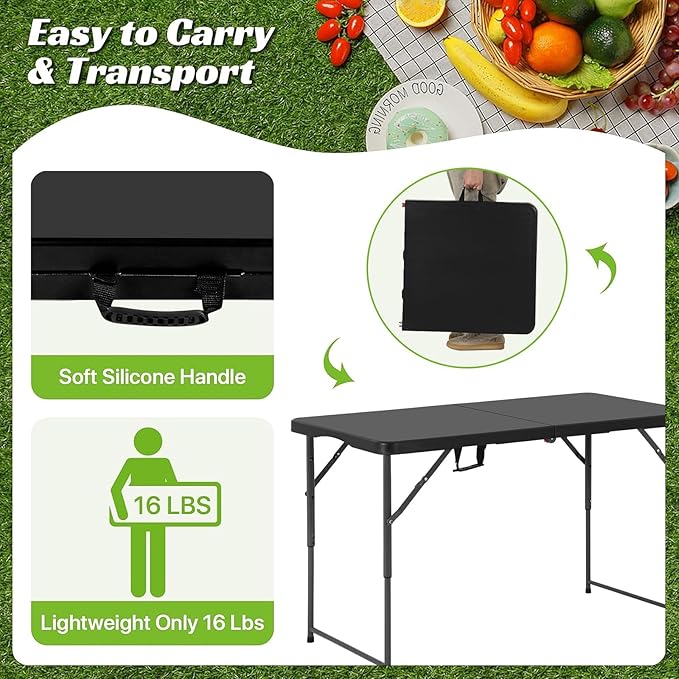 4Ft Foldable Table Adjustable Height with Built-in Handle 4 Foot Heavy Duty Portable Folding Table with Steel Legs for Indoor Outdoor Camping Parties Wedding Picnic Catering (4ft Black)
