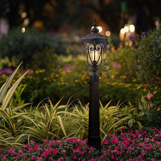 24 Inch High Outdoor Post Light Fixture with Dusk to Dawn Sensor Bronze Post Lantern with Pier Mount Exterior Pole Lighting with Seeded Glass for Yard Garden Patio and Pathway LMMS0519-M