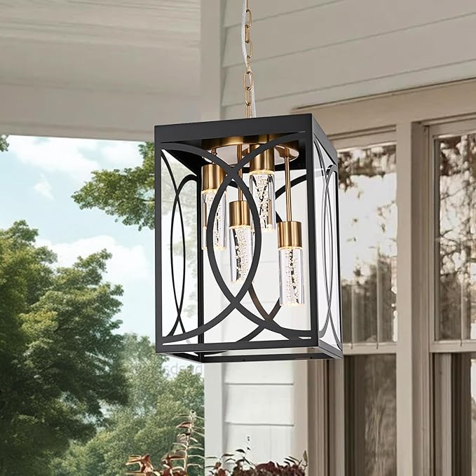 4-Lights Large 5CCT LED Outdoor Pendant Light Fixture Porch Hanging Lighting Build-in LED Chips Modern Exterior Lantern Chandelier Ceiling Mount for Patio Front Door