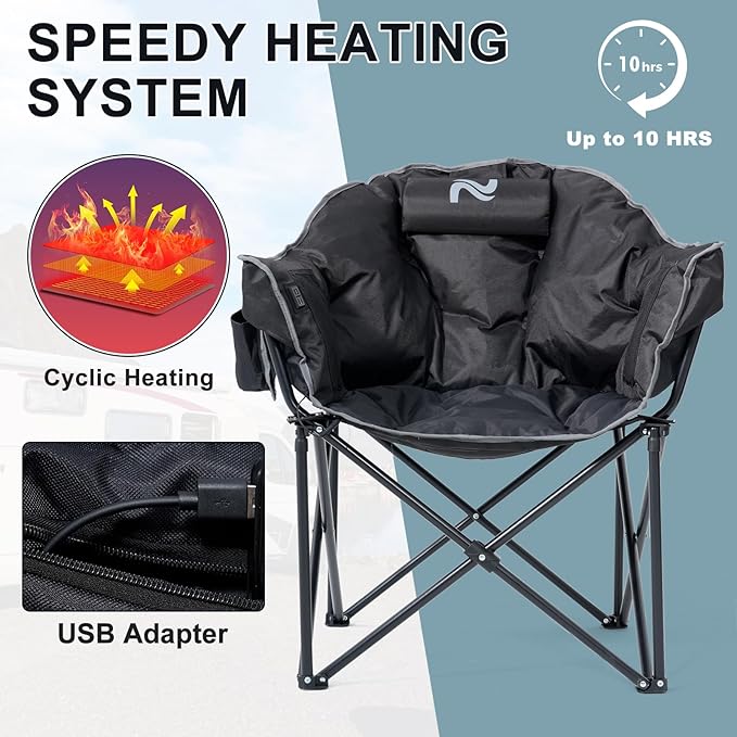 MOPHOTO Heated Camping Chair Portable Heated Camping Chairs Outdoor Padded Oversized Heated Folding Chairs Outdoor Sports Heating Lawn Chair Patio Lounge Chairs for Adults
