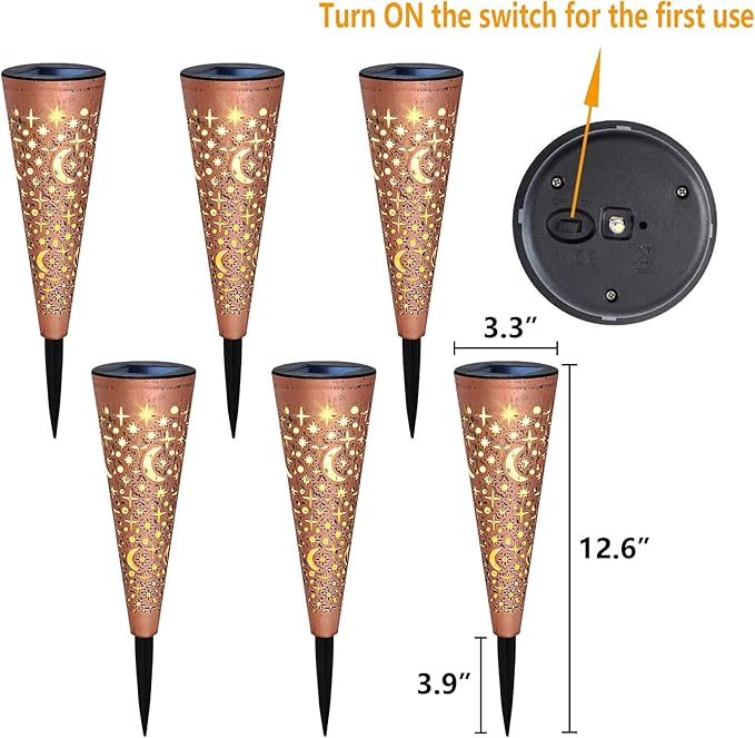 Go2garden Solar Lights Outdoor Decorative Stake Lights Waterproof with Moon Star for Patio Pathway Backyard Outside Decorations Lawn OrnamentsGarden Gifts (Copper 6pack)