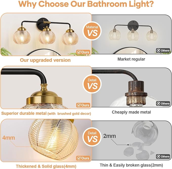 Bathroom Light Fixtures 3-Light Amber Vanity Lights with Unique Leaf Texture Glass Shade Modern Matte Black and Gold Bathroom Wall Lamp for Mirror Hallway Cabinet Living Room