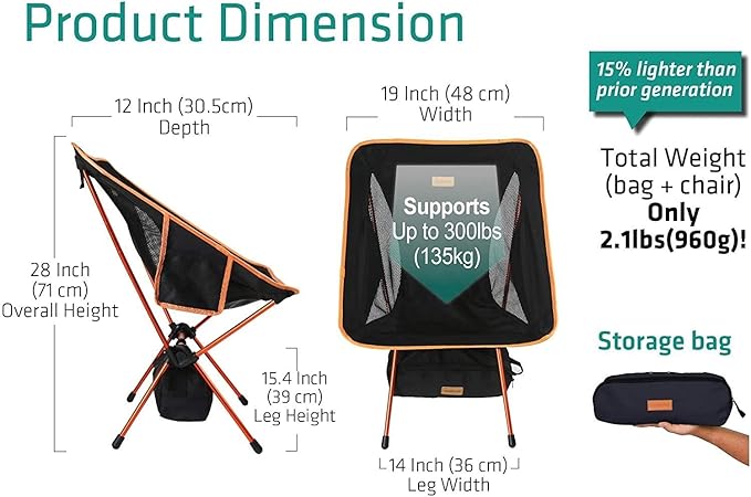 Portable Camping Chair - Compact Ultralight Folding Backpacking Chairs Small Collapsible Foldable Packable Lightweight Backpack Chair in a Bag for Outdoor Camp Picnic Hiking(Black
