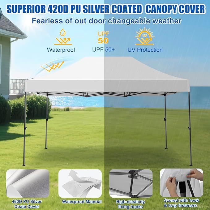 Yesker 10x15 Pop Up Canopy Tent - Instant Outdoor Canopy Easy Setup Gazebo Waterproof &amp UV Protection Large Adjustable Height Instant Sun Shelter Tents for Patio Backyard Market Party Events Wh