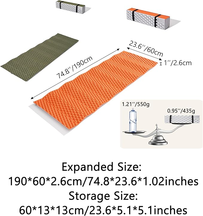 R2.6 3-Season Foam Sleeping Pad 1inch Thickened Ultralight Closed Cell Camping Mattress with Bandage Waterproof Thermal Folding Sleeping Pad Suitable for Backpacking Camping