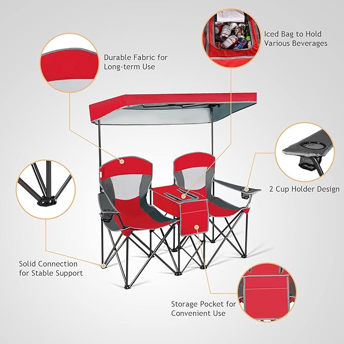 DORTALA Double Camping Chair with Canopy 2 Person Folding Beach Chair with Canopy Shade Table Beverage Holder and Storage Bag Double Rocker Chair Outdoor for Camping Beach Picnic Red