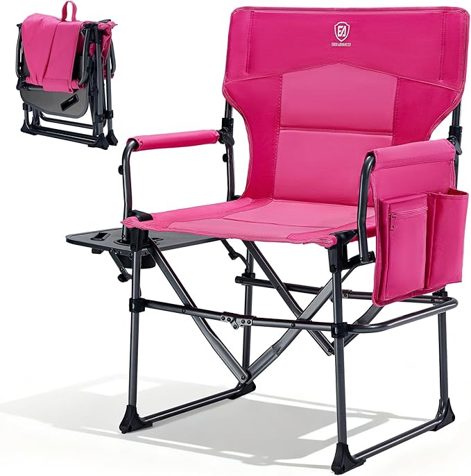 EVER ADVANCED Camping Directors' Chair with Side Table Portable Folding with Compact Size Heavy Duty Lawn Chair with Pocket for Camping Lawn Sports and Fishing 400lbs Pink