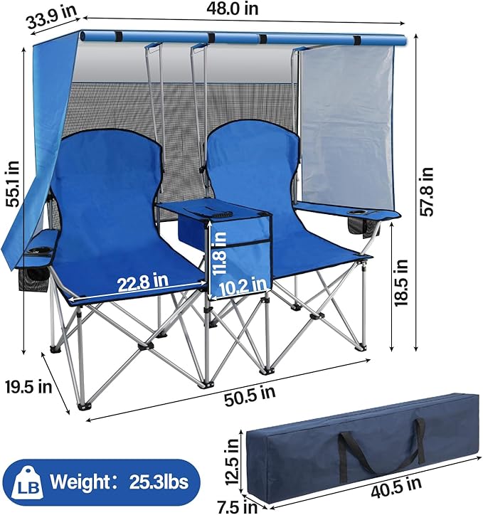 BDL Double Camping Chair with Canopy Two Person Folding Loveseat with Shade Heavy Duty Beach Chair with Cooler Bag Cup Holder for Outside Fishing Sports Beach-Sky Blue