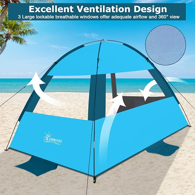 COMMOUDS Beach Tent Sun Shade for 3/4/6/8 Person UPF 50+ Beach Sun Shelter Canopy Tent Lightweight Easy Set Up and Carry