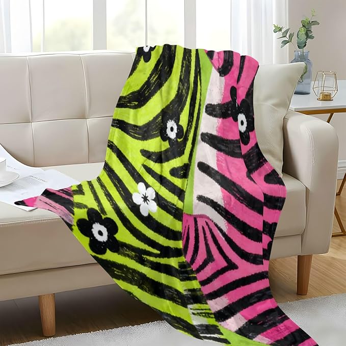Colorful Animal Stripes White Flowers Lightweight Fuzzy Comfy Soft Throw Blanket for Girls Throw Over Blanket for Couch Sofa BedParty 50x70 Inches
