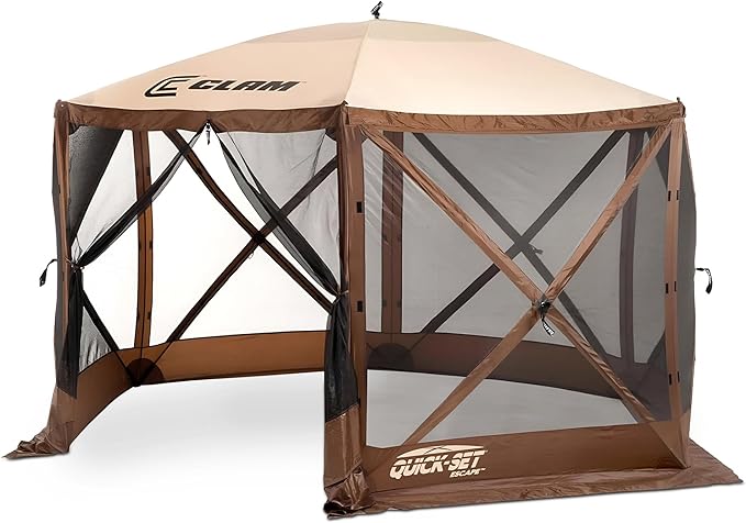 CLAM Pop Up Screen Tent Outdoor Camping Gazebo Canopy Escape 11.5' Brown - Heavy-Duty Portable Screened Shelter with Netting for Beach Patio and Backyard