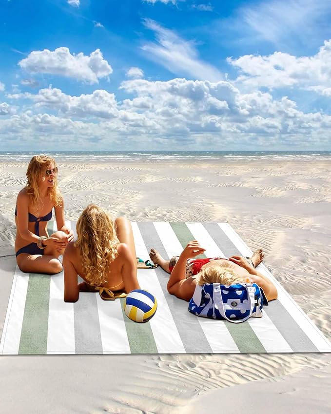 Modern Art Beach Blanket Waterproof Sandproof 83x79 Gray Sage Green Stripes Oversized Beach Mat with 4 Corner Sand Pocket &amp 4 Stakes Compact Outdoor Picnic Mat for Camping Travel Festivals