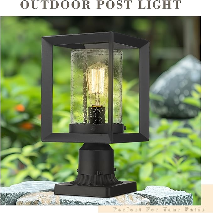 Emliviar Post Lights Outdoor Fixture 1-Light Lamp Post Lantern Black Finish Seeded Glass 2083P BK