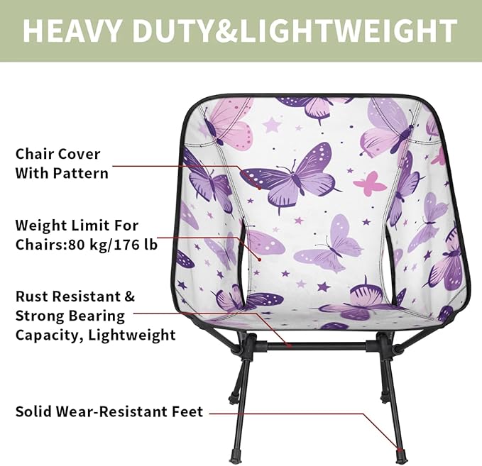 Honeybaby Folding Camping Chair Butterflies Stars Camping Chairs Lightweight Portable Chair Outdoor Foldable Chairs for Camping Travel Picnic Beach Hiking