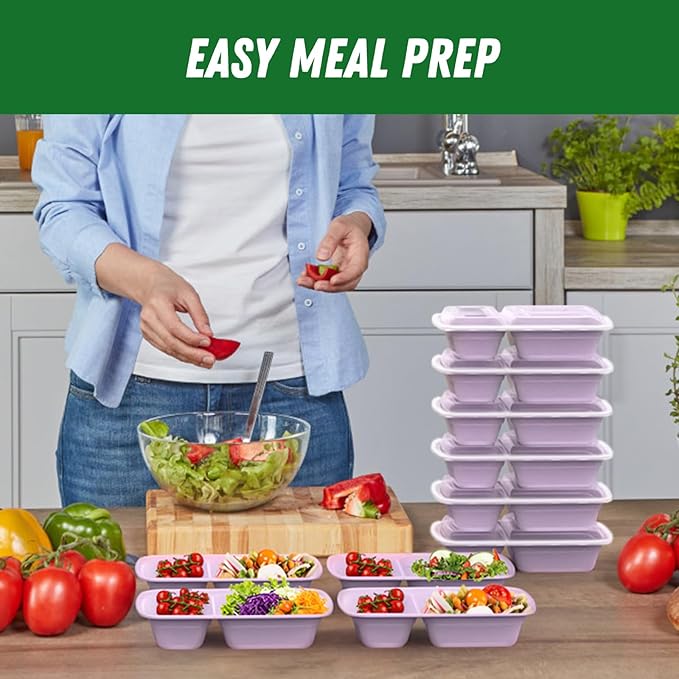 50 Pack (100-Piece) 28 oz Meal Prep Containers Reusable with Lids 2-Compartment Sturdy Leakproof Food Safe Microwave Freezer Dishwasher Safe To Go Take Out Plastic Food Storage Lilac