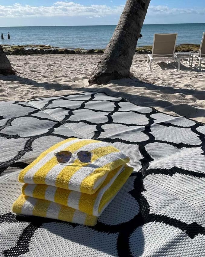 Mountain Mat 5x7 Black Lattice RV Mat – Extra Thick 5mm Recycled Poly Rug – Heavy-Duty Waterproof Reversible – Stylish Luxury Outdoor Rug for Camping Beach (Black Lattice NO Carry Bag 5'x7')