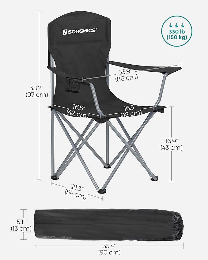 SONGMICS Set of 2 Folding Camping Chairs Comfortable Heavy Duty Structure Max. Load Capacity 330 lb Outdoor Chair with Cup Holder for Camping Garden Fishing Terrace Black UGCB08BK