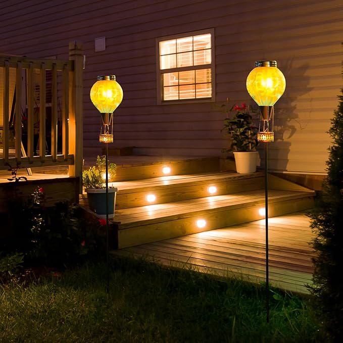 Solar Garden Lights Outdoor with Hot Air Balloon Stake Garden Lights Solar Waterproof Flickering Lantern Lawn Pathway Patio Decor（Blue）