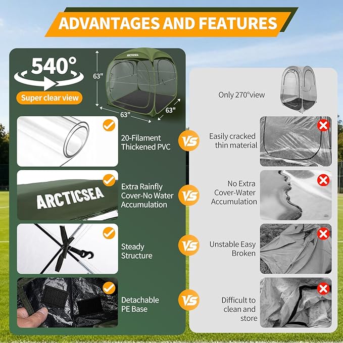 ARCTICSEA Thickened PVC Sports Tent - All-Weather Shelter Pod for 2-6 Person Pop-Up Shelter Instant Setup Removable Top &amp Sealed Floor for Outdoor Events Soccer Rugby
