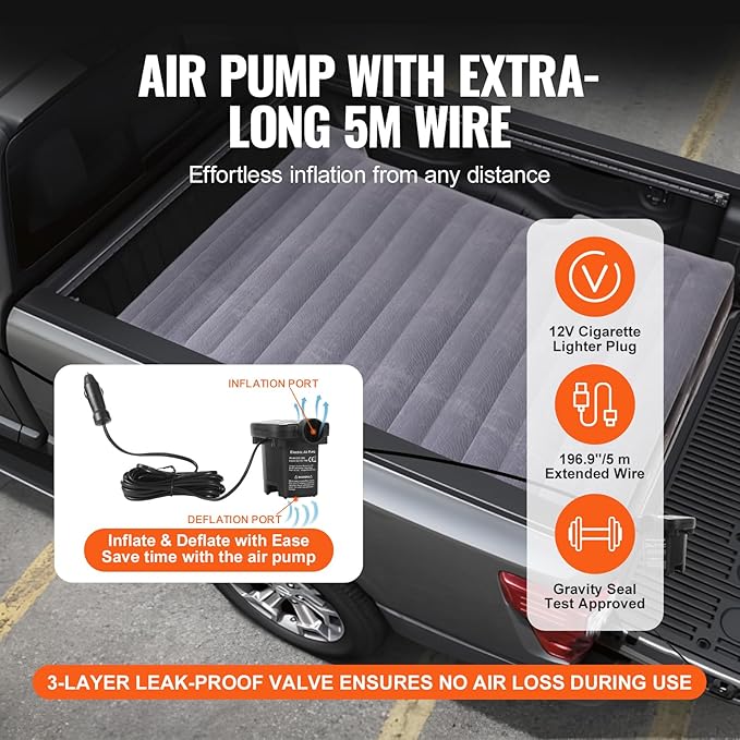 VEVOR Truck Bed Air Mattress for 5.5-5.8 ft Full Size Short Truck Beds Inflatable Air Mattress Bed with 12V Air Pump 2 Pillows Carry Bag for Silverado RAM F Series Sierra Titan Tundra