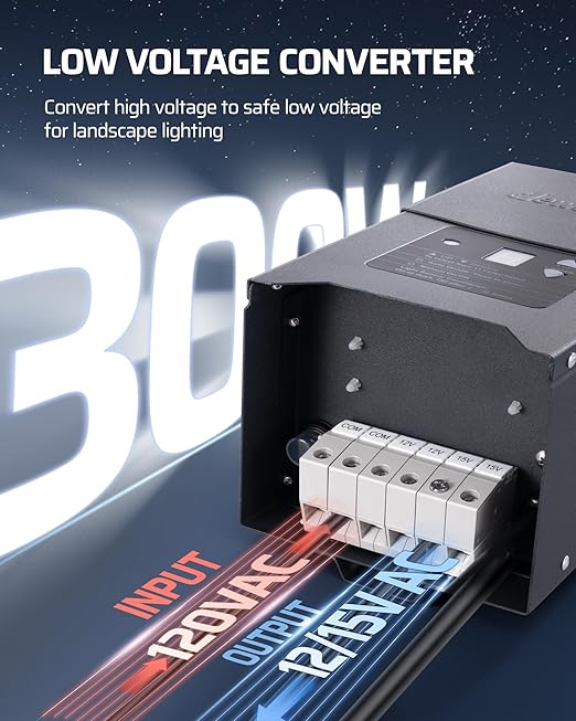 DEWENWILS 300W Low Voltage Landscape Lighting Transformer 120V to 12/15V AC Weatherproof Low Voltage Landscape Transformer with Photocell &amp Timer Multi Zone Landscape Lighting Transformer