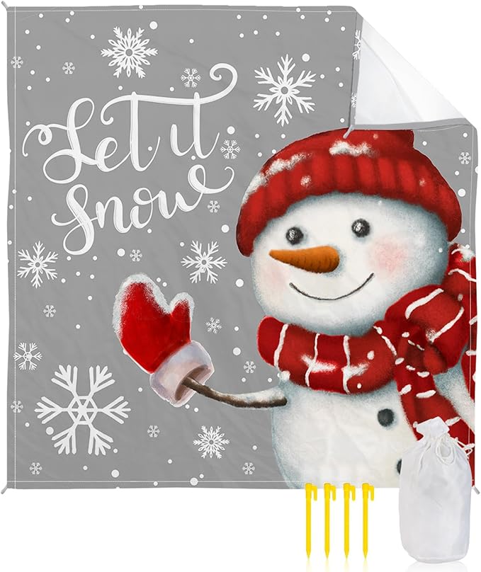 Beach Blanket Waterproof Sandproof Christmas Snowman Snowflake on Gray Quick Drying Beach Mat with 4 Stakes Winter White Snow Seamless Lightweight Picnic Blanket for Travel Camping 118x108