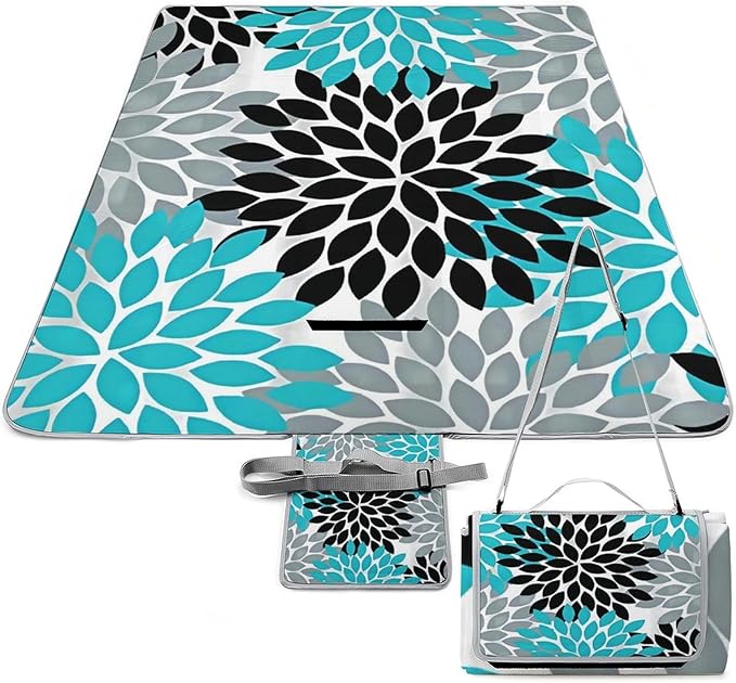 Dahlia Pinnata Flower Floral Blue White Waterproof Outdoor Picnic Blanket Sandproof Beach Mat for Camping Hiking Grass Travelling