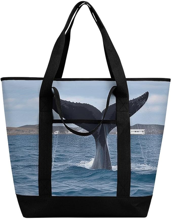 Insulated Shopping BagLarge Reusable Cooler Bags Whale Tail Printed Foldable Shopping BagTravel Waterproof Shoulder Bag