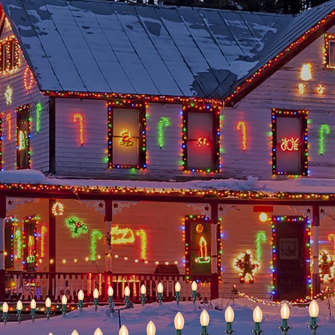 C9 Christmas Lights Outdoor 38Ft Christmas Pathway Lights with 27 LED Bulbs and 25 Marker Stakes Connectable Outdoor Decorations Yard Walkway Sidewalk Holiday Warm White