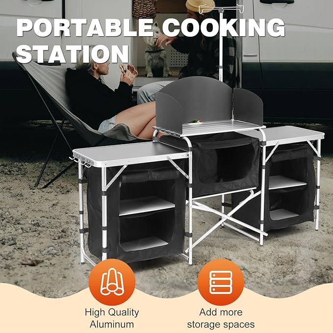 Camping Kitchen Table Folding TableOutdoor Cooking Table with Storage Carrying Bag Aluminum Cook Station with Windscreen and 3 Multifunctional Storage Cupboards BBQ Outdoor RV Party
