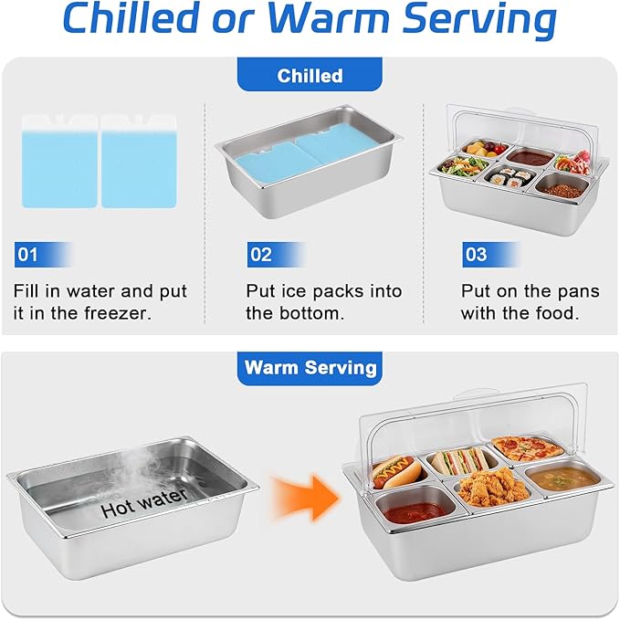 Cold Food Buffet Server 9.6Qt (6 Pans×1.6Qt) with Ice Packs for Salad Pizza Sauce Colded Serving Trays Condiments Containers for Parties Buffet