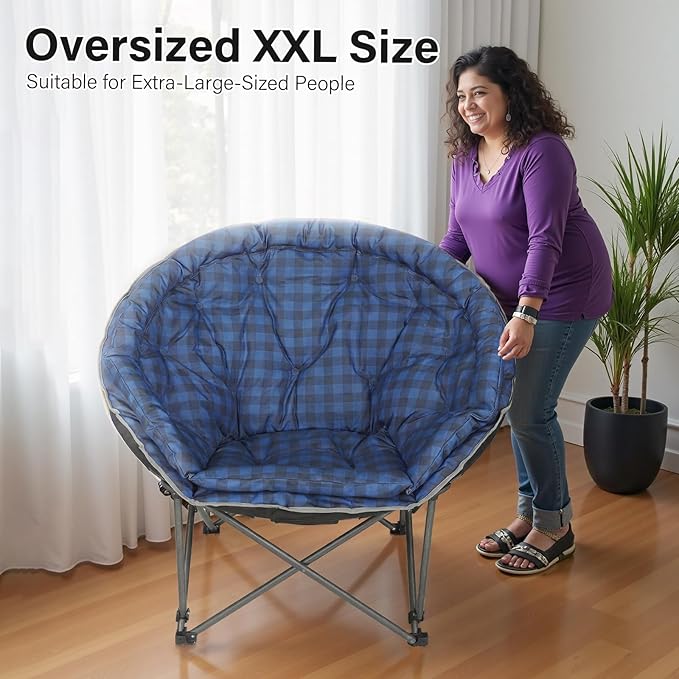 Oversized XXL Folding Round Camping ChairSuper Comfy Padded Moon Camp ChairsHeavy Duty Supports 200 Kg Outdoor Lawn Chairs for AdultsPerfect for IndoorFamily CampingHikingPicnics and Garden