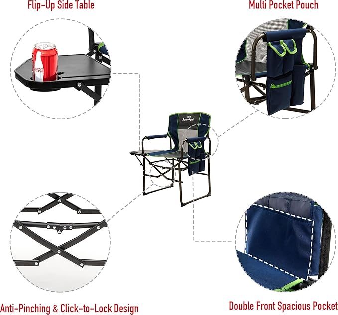 SUNNYFEEL Camping Directors Chair Heavy DutyOversized Portable Folding Chair with Side Table Pocket for Beach FishingTripPicnicLawnConcert Outdoor Foldable Camp Chairs
