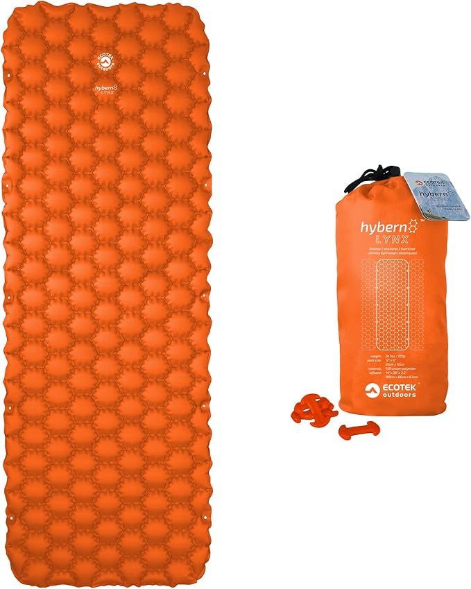 ECOTEK Outdoors Hybern8 Lynx - Linkable Oversized Sleeping Pad - Innovative &amp Easy to Use - Lightweight &amp Compact - Perfect for Backpackers Overlanders Couples and Families (Fire Orange)