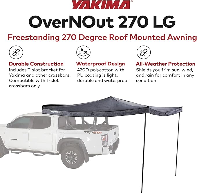Yakima Freestanding Roof Mounted Awning 270 Degree 80 Sq Ft Travel Sun Protection Canopy w/Support Legs for Left Side of Vehicle OverNOut 270 LG